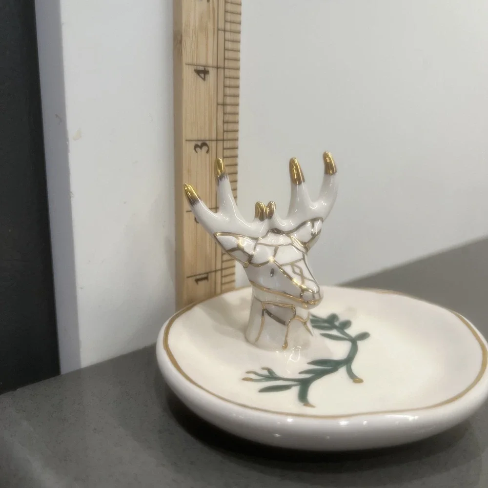 NEW-heather goldminc blue sky ceramic ring/pin tray/dish stag/rein deer/hart